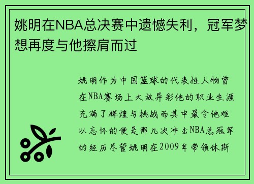 姚明在NBA总决赛中遗憾失利，冠军梦想再度与他擦肩而过